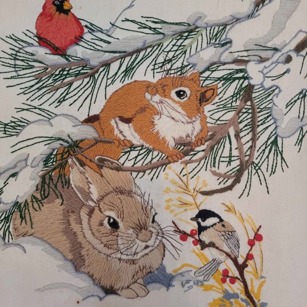 Crewel Needlecraft of Woodland Creatures Animals Framed Vtg Signed VF 85 damage